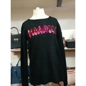 OH MG Womens Black Sequined Yas Long Sleeve Jewel Neck Sweater Size small